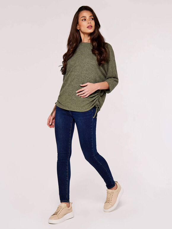 Soft Touch Drawstring Batwing Top, Khaki, large