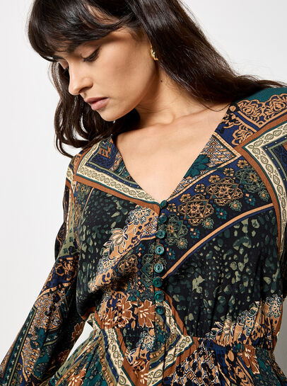 Patchwork Print Hanky Hem Midaxi Dress