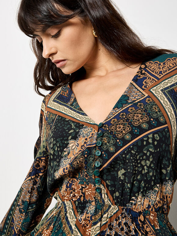 Patchwork Print Hanky Hem Midaxi Dress, Green, large