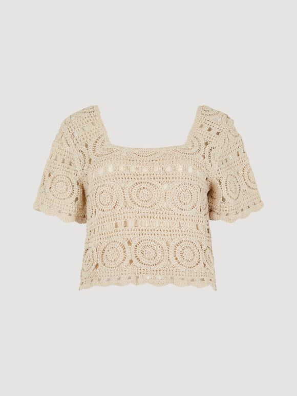 Cotton Crochet Circles Crop Top, Stone, large