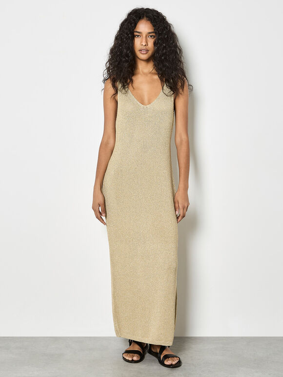 Gold Shimmer Knitted Maxi Dress, Gold, large