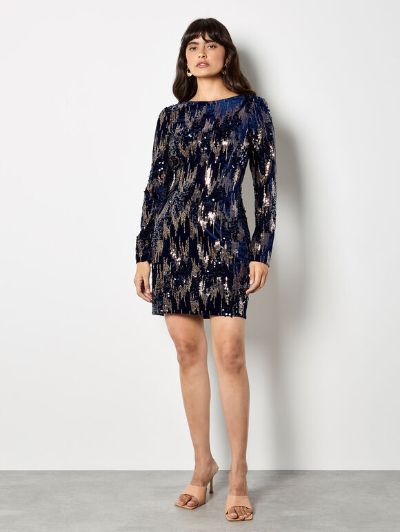 Mixed Sequin Velvet Bodycon Mini Dress, Navy, large