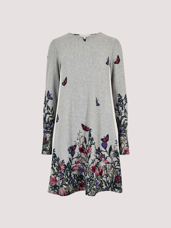 Butterfly Floral Knit Swing Mini Dress, Grey, large