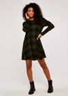 Gingham Long Sleeve Swing Dress, Khaki, large