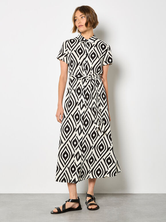 Geometric Print Shirt Midi-dress, Black, large