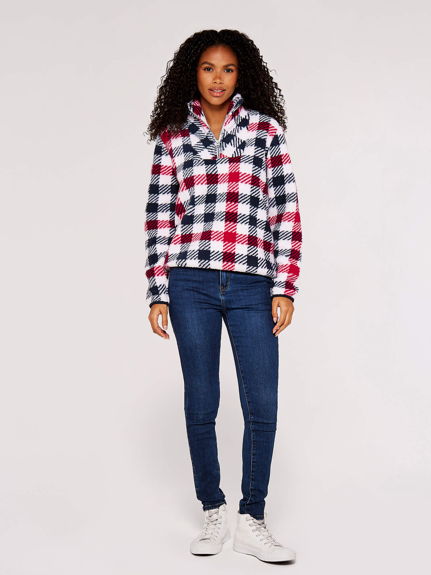 Graphic Check Zipped Fleece Jumper Apricot Clothing