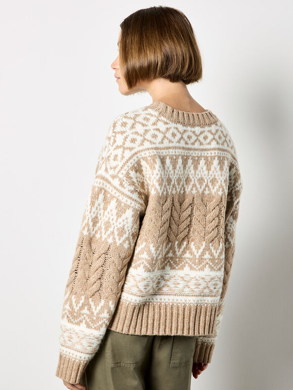 Fair Isle Cable Knit Jumper, Stone, large