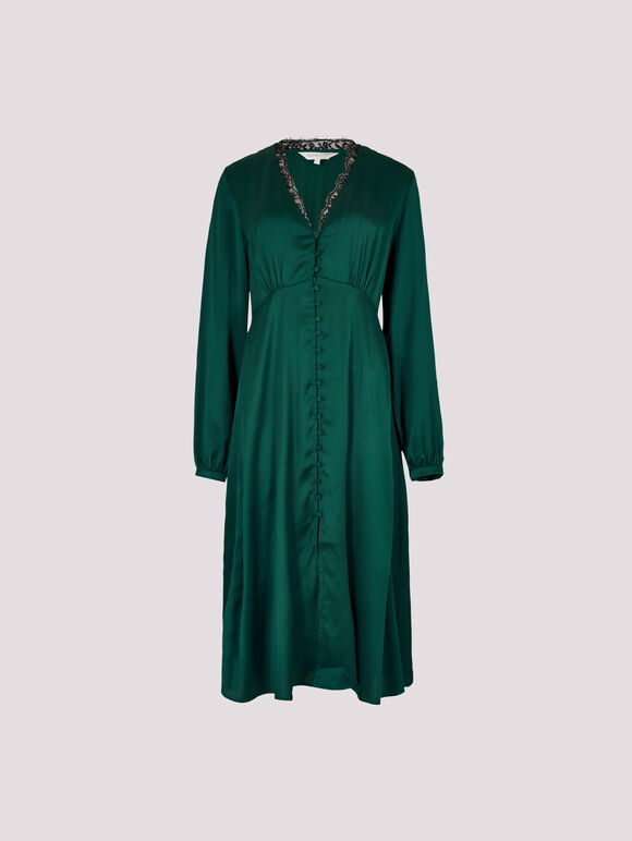 Lace Trim Satin Midi Dress, Green, large