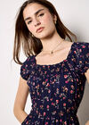 Smocked Floral Print Mini Dress, Navy, large