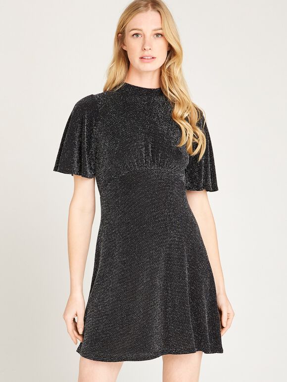Metallic Flute Sleeve Dress, Black, large