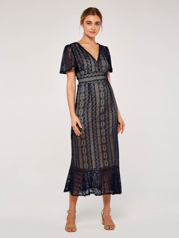 Lace V Neck Midi Dress