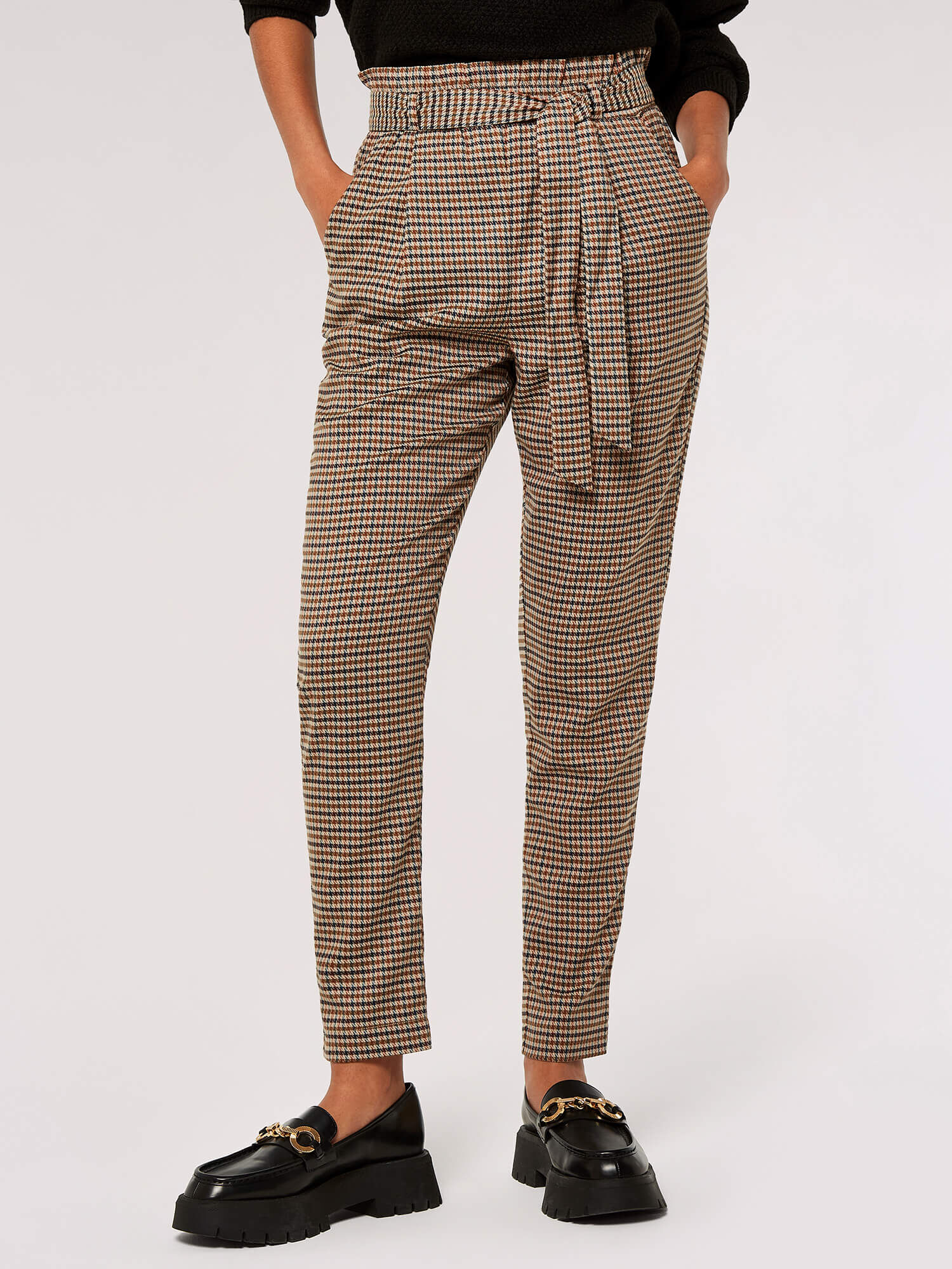 Slim Fit Check Paperbag Trousers Apricot Clothing