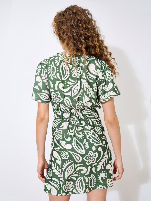 Floral Paisley Wrap Mini Dress, Green, large
