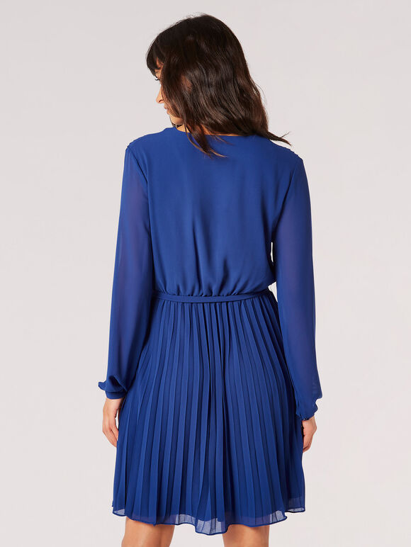 Pleated Chiffon Wrap Mini Dress, Blue, large