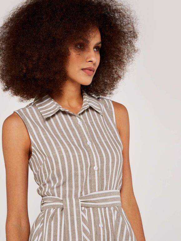 Pinstripe Button Tie Waist Dress, Stone, large