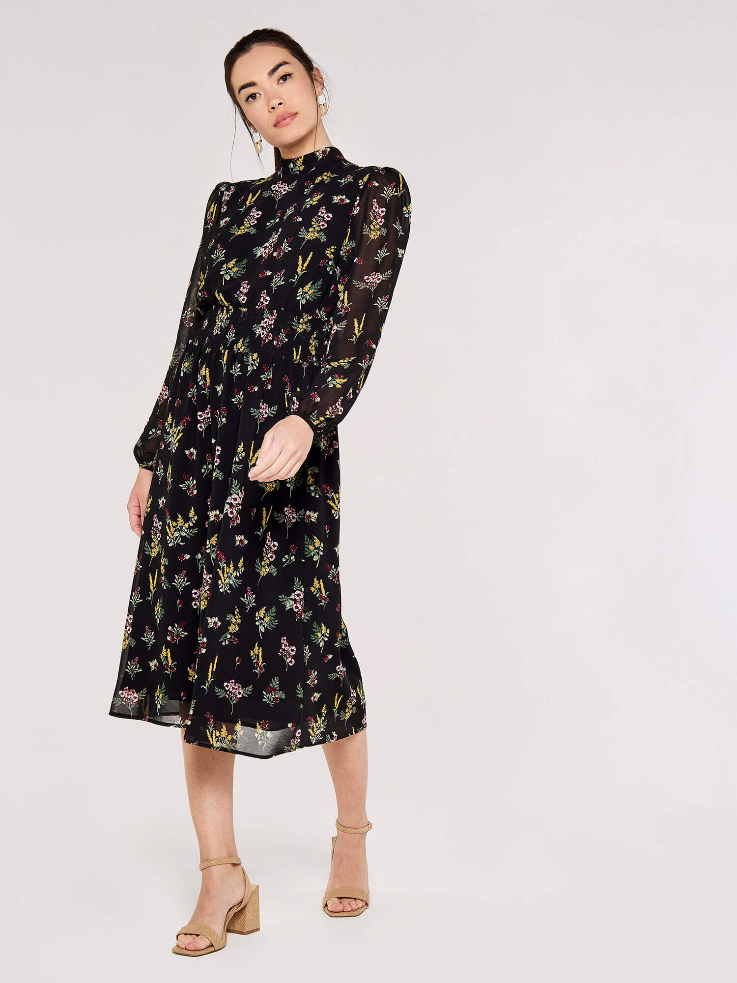 Floral Bouquet Smocked Midi Dress Apricot Clothing