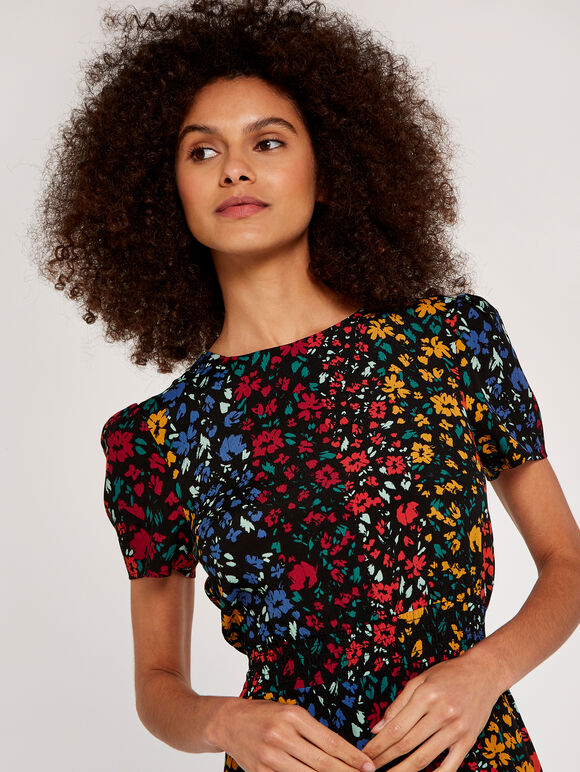 Floral Smock Dress, Black, large