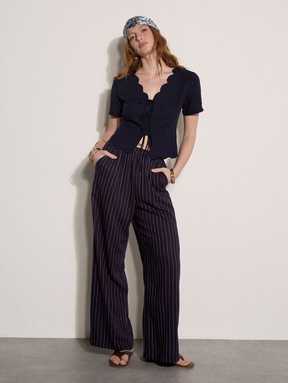 Linen Blend Tie-Up Top, Navy, large