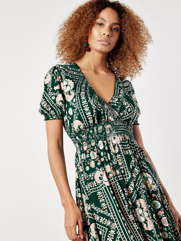 Scarf Print Smocked Maxi Dress, Green, large