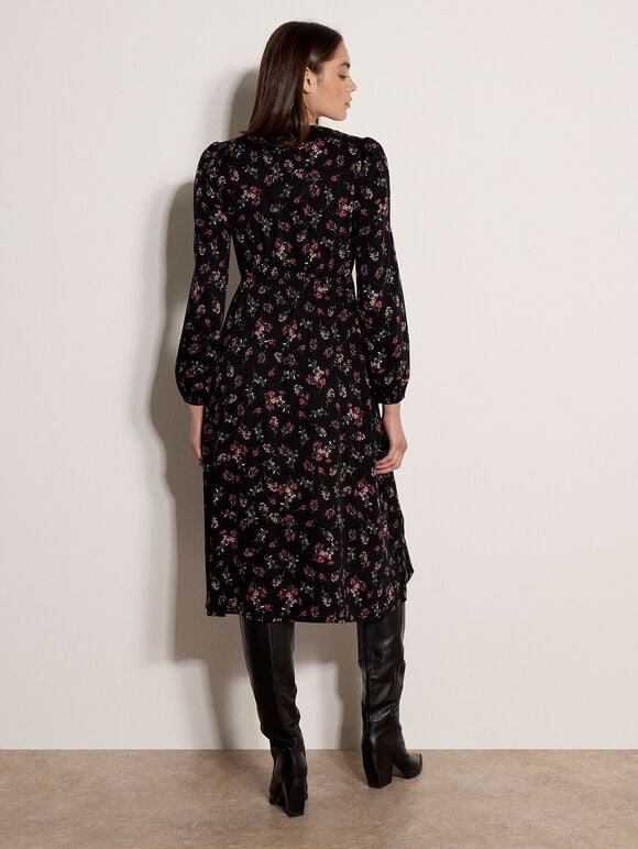Floral Print Midi Dress, Black, large
