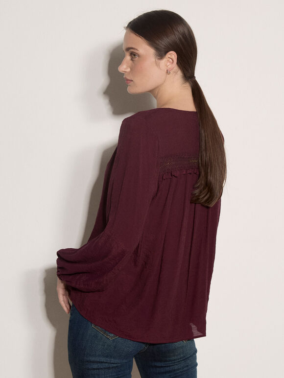 Crochet Insert Shimmer Blouse, Burgundy, large