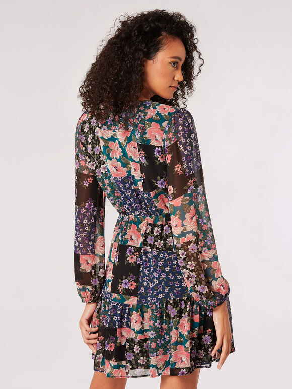 Patchwork Floral Mini Dress, Green, large