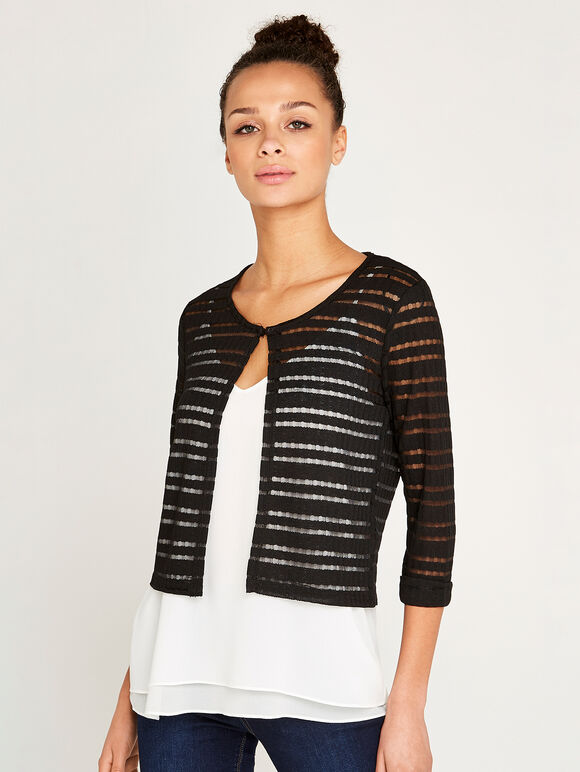 Self Stripe Open Mesh Shrug, Black, large