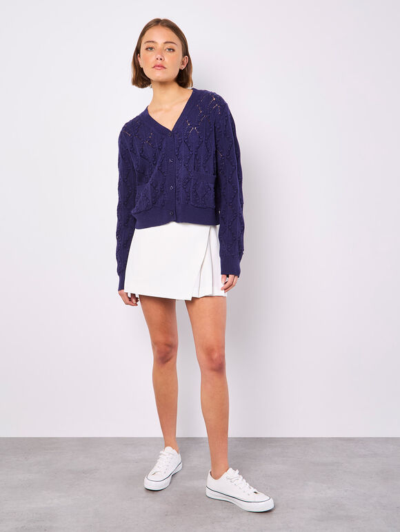 Pointelle Knitted Cardigan, Navy, large