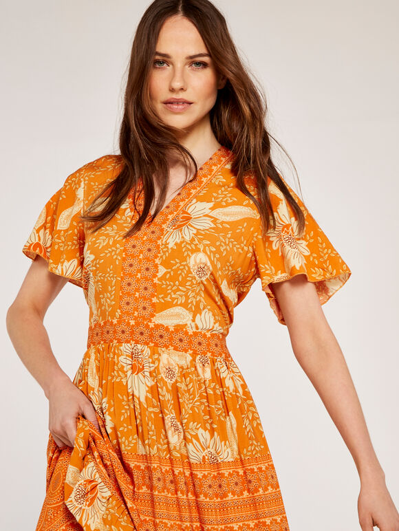 Floral Patchwork Print Maxi Dress, Orange, large