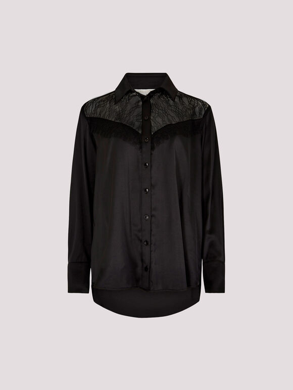 Lace Insert Oversized Satin Shirt, Black, large