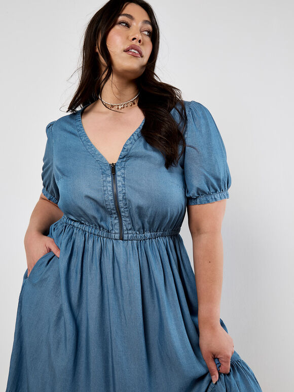 Denim Zip Tiered Midi Dress, Blue, large