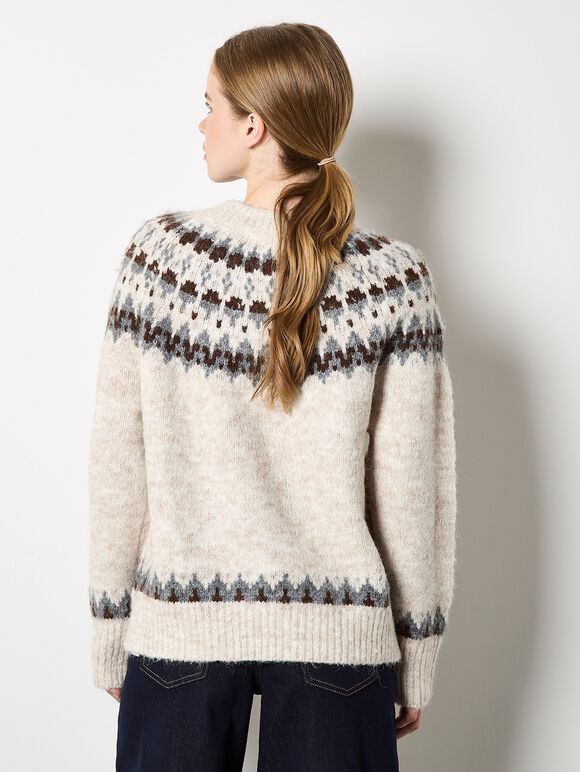 Fair Isle Fluffy Jumper, Stone, large