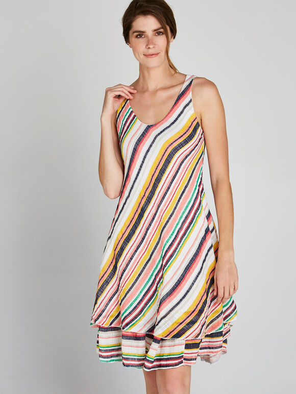 Cream Striped Double Layer Dress, Cream, large