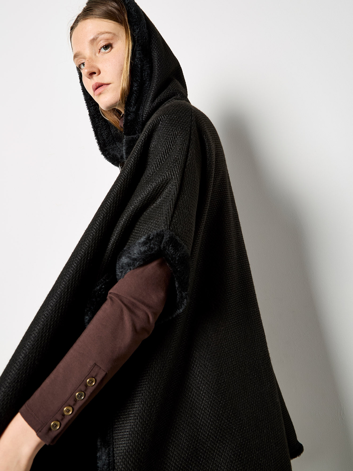Faux Fur Trim Waffle Knit Cape | Apricot Clothing