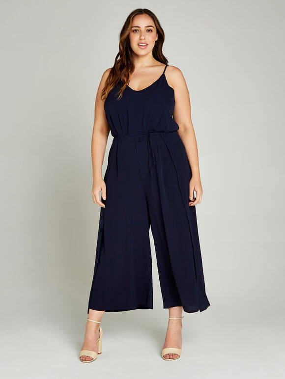 Navy Tie Waist Jumpsuit +, Navy, large