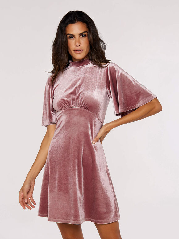 Fit And Flare Velvet Mini Dress, Pink, large