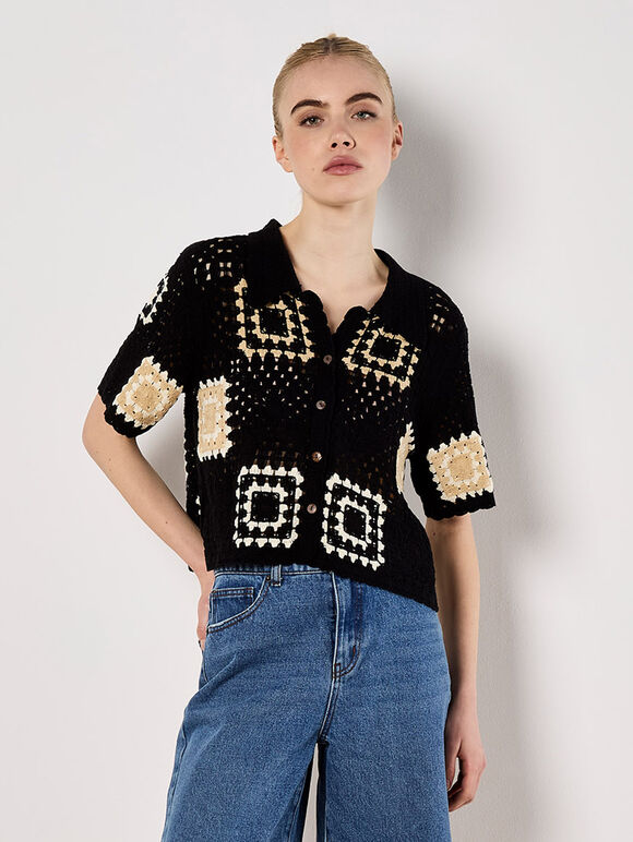 Crochet Squares Top, Black, large