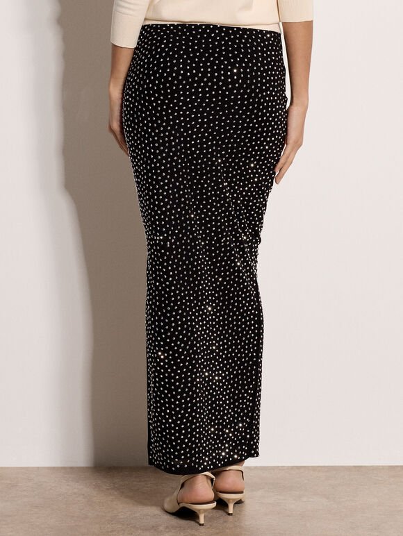 Rhinestone Stud Maxi Skirt, Black, large