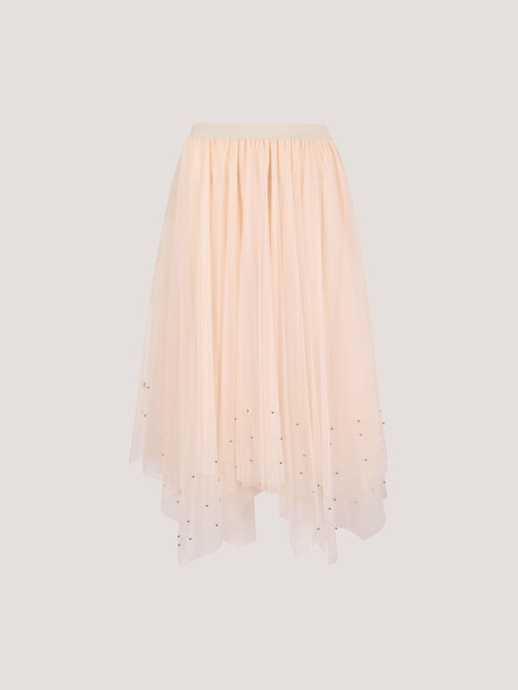 Pearl Embellished Tulle Midi Skirt, Stone, large
