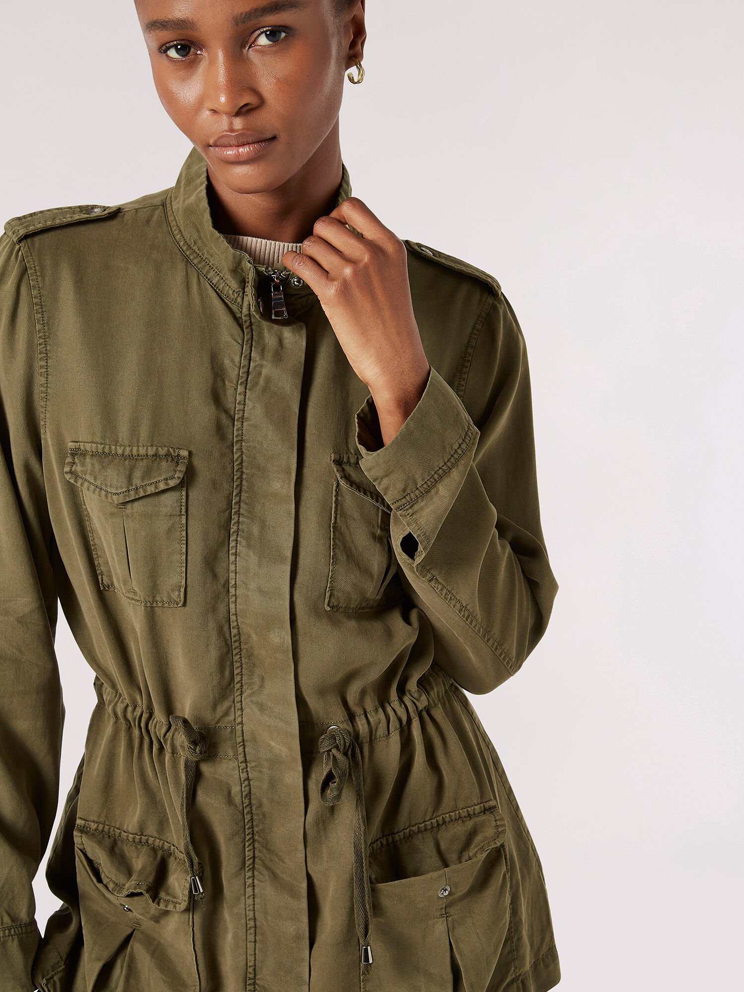 Drawstring Waist Utility Jacket Apricot Clothing