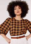 Gingham Check Balloon Sleeve Blouse, Brown, large