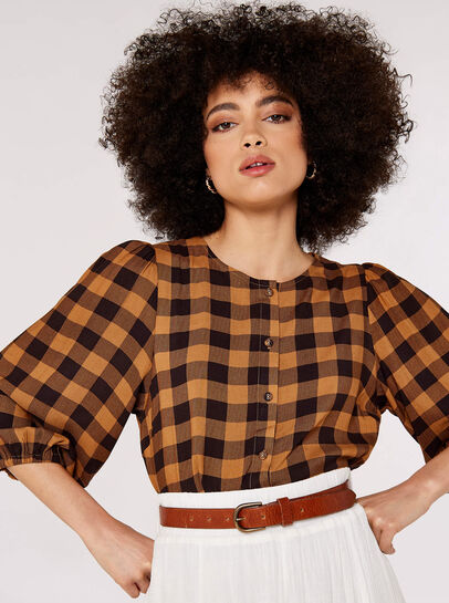 Gingham Check Balloon Sleeve Blouse