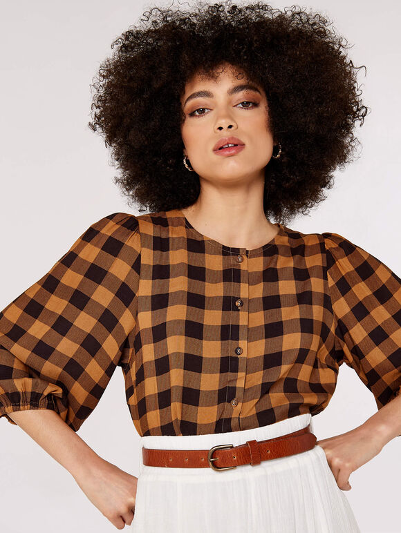 Gingham Check Balloon Sleeve Blouse, Brown, large