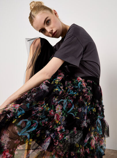 Floral Tiered Tulle Midi Skirt