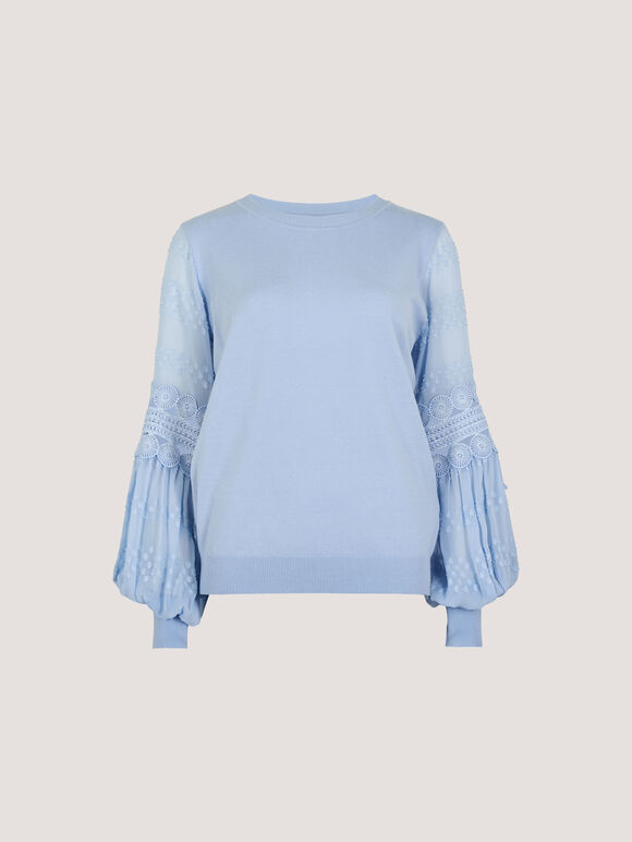 Contrast Chiffon Sleeves Jumper, Sky Blue, large
