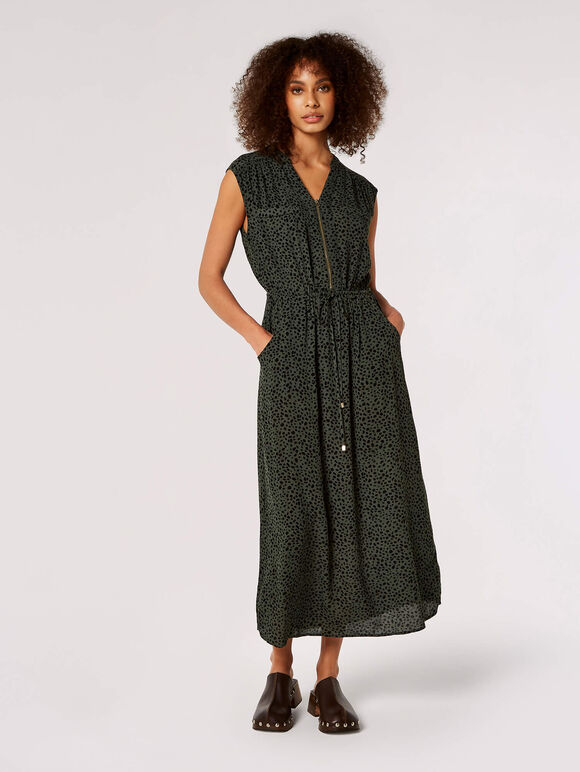 Irregular Dot Print Zip Maxi Dress, Khaki, large