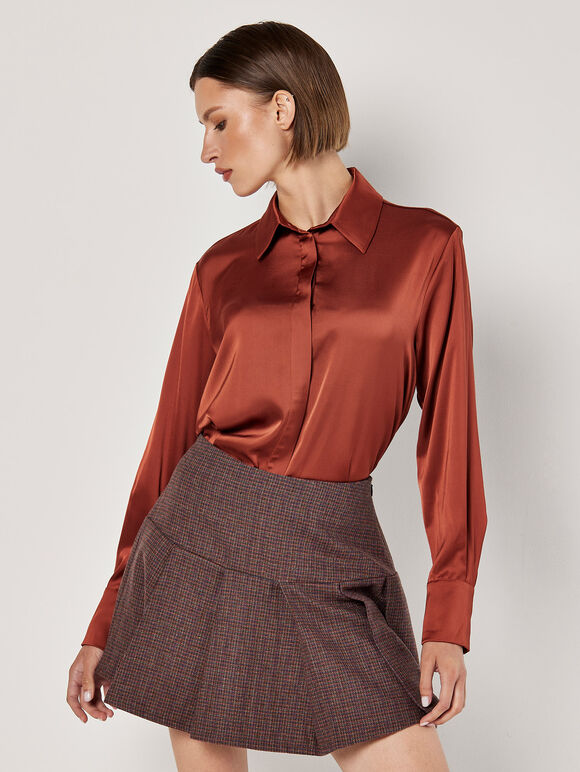 Oversized Satin Shirt, Burgundy, large