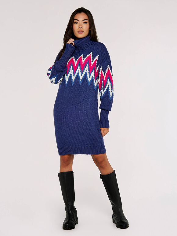 Chevron Jumper Mini Dress, Blue, large