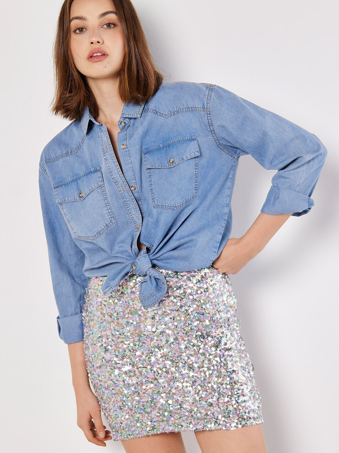 Sequin Pencil Mini Skirt Apricot Clothing