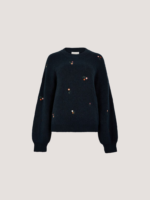 Floral Embroidered Jumper, Navy, large